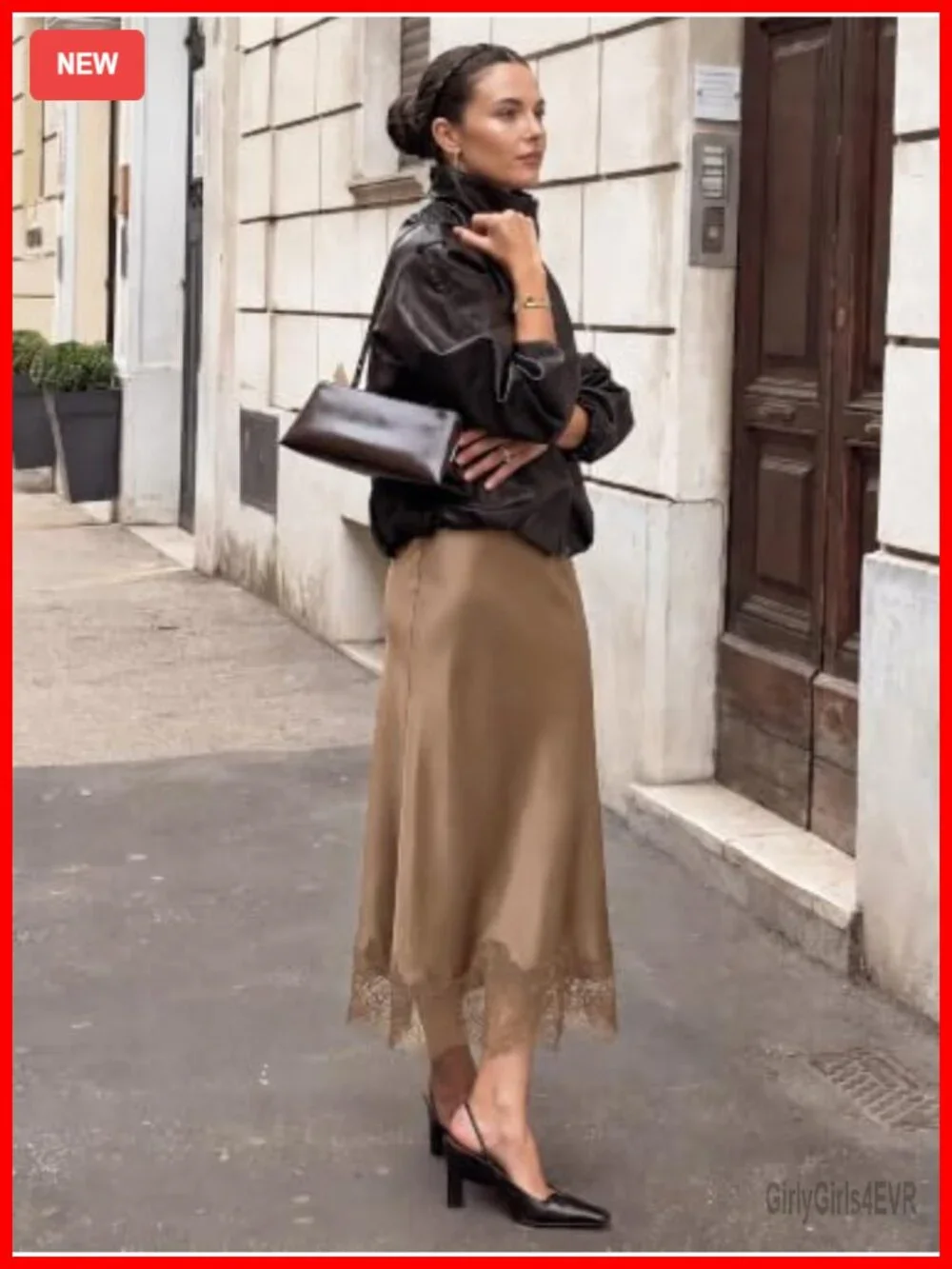 Satin A-Line Maxi Skirt High Waisted Lace Trim Ankle Length